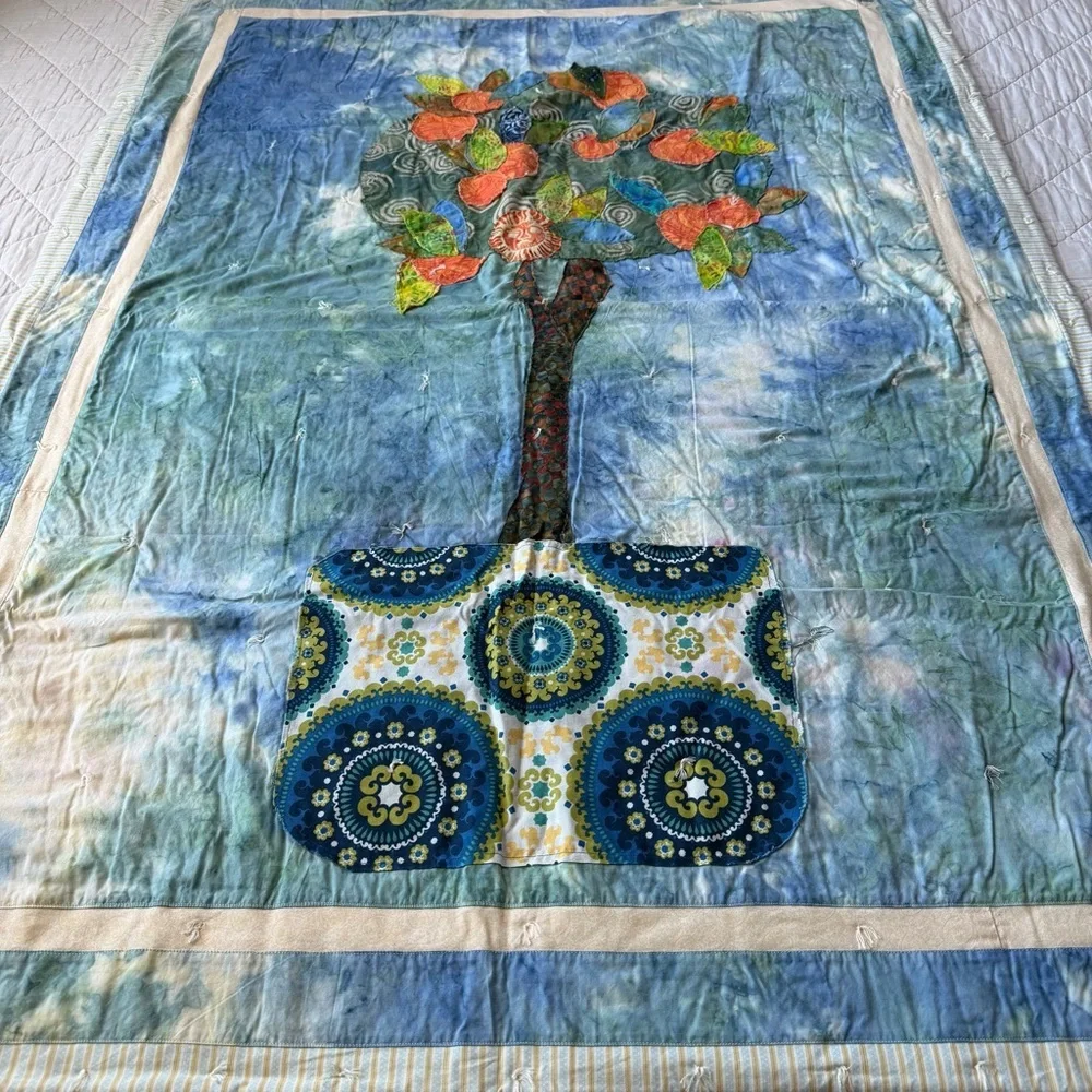 Vintage Folk Art Tree Applique Quilt Wall Hanging 39x53 Boho Fiber Art Handmade